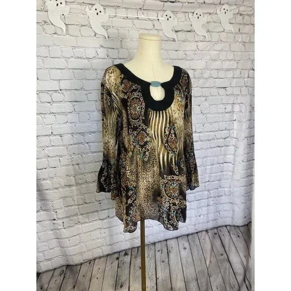 LAST CHANCE Vintage Nicola XL Plisse Animal Print Brown Pendant Blouse - Picture 2 of 8